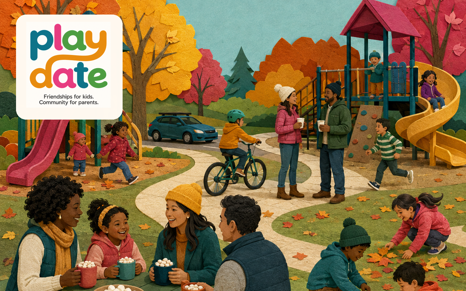 A colorful paper-cut scene of families playing at two autumn playgrounds, biking or driving between stops, sharing recipes, and enjoying hot chocolate.