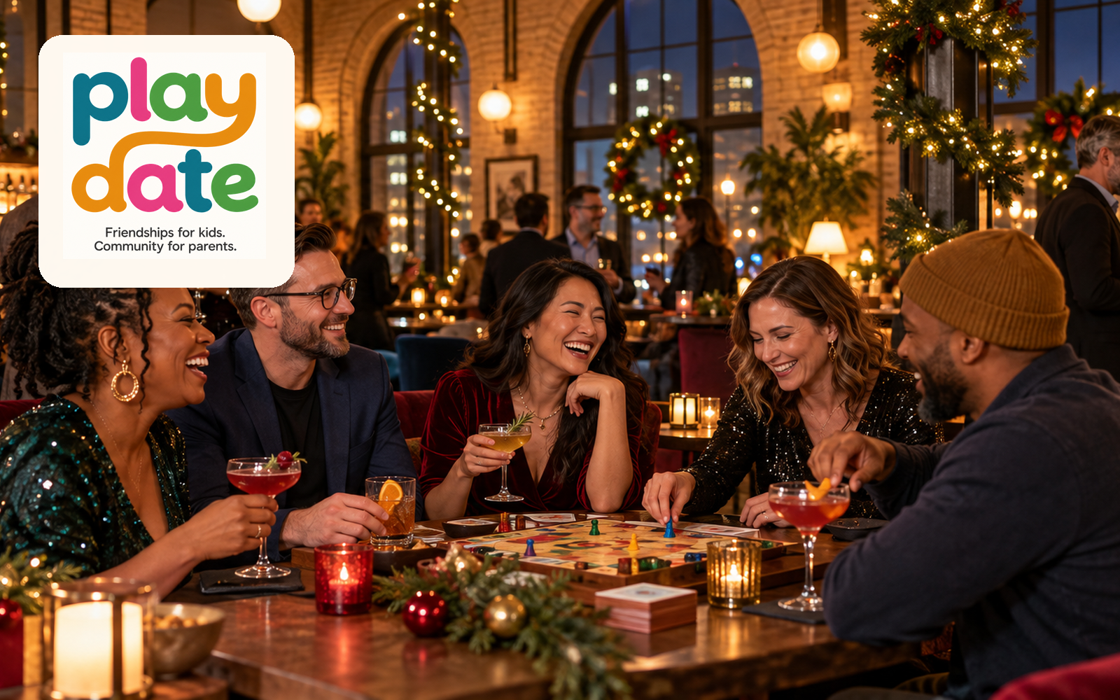 Parents laughing and playing a tabletop game together in a warmly decorated holiday venue.